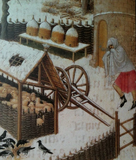 Deze 15e eeuwse miniatuur uit het Getijdenboek van de gebroeders Van Limburg laat besneeuwde bijenkorven zien. Onbeschermd in de strenge, gure vrieskou.